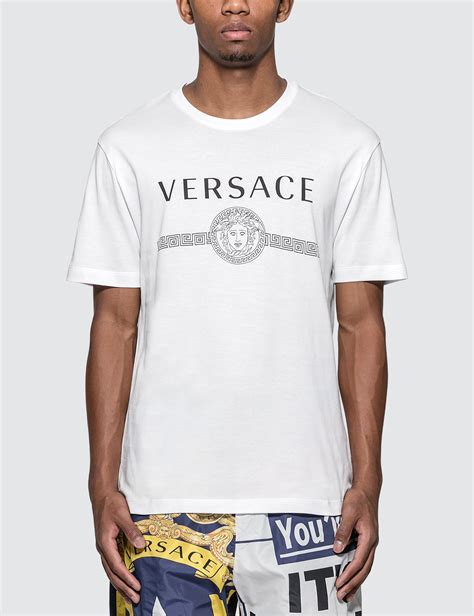 versace subtle white t-shirt round neck detail|versace denim shirts.